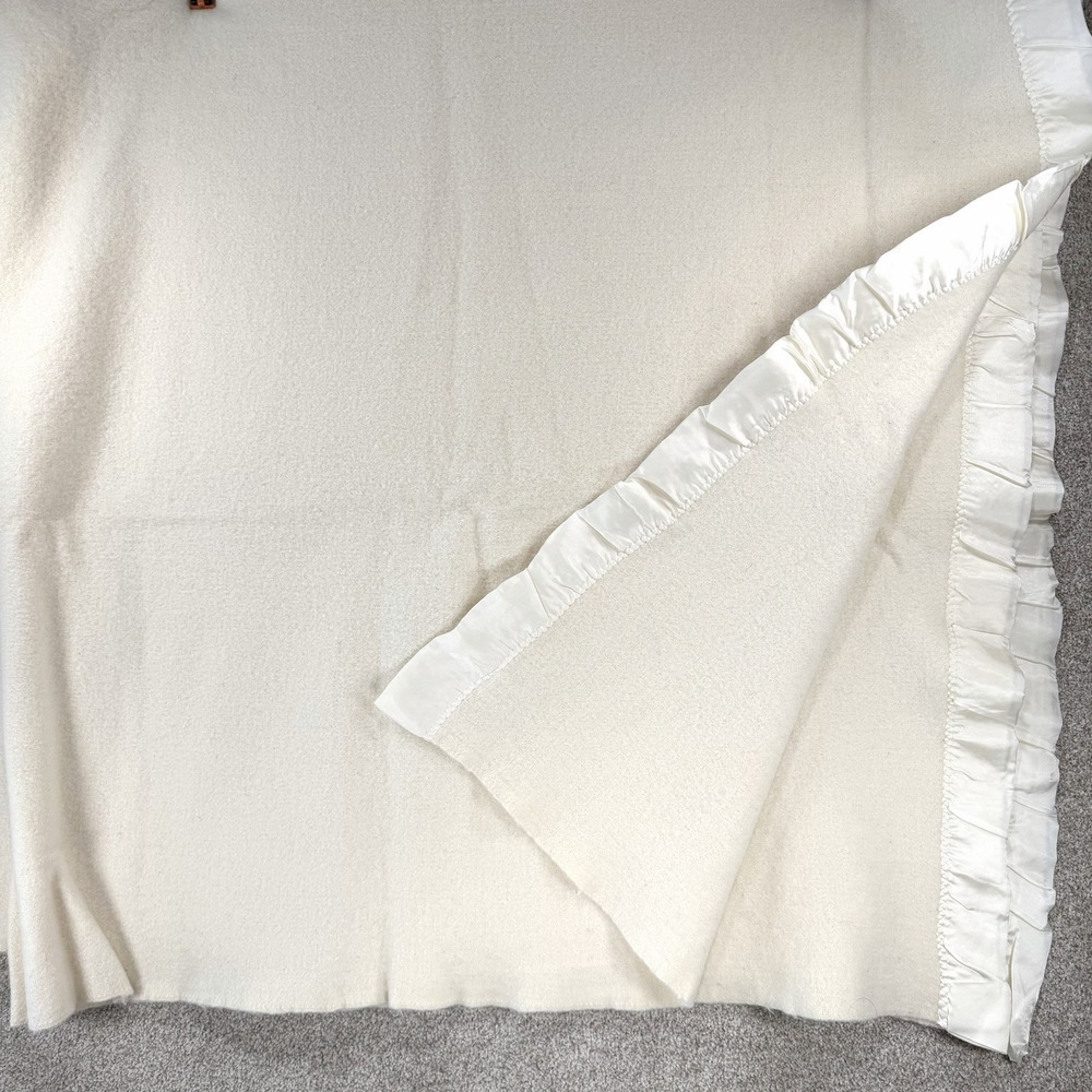 Tennessee Woolen Mills Cream Wool Blanket Satin Trim 81x78" *Stains* Cottagecore